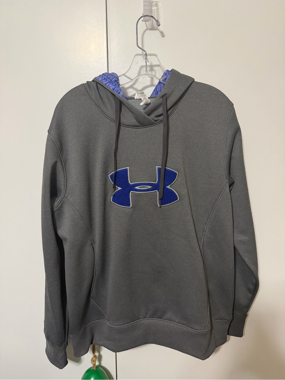 Under Armour Men's Charcoal Hoodie with Blue Logo Large